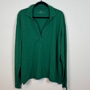 Elliot Lauren Green Collared 100% Cotton V-Neck Long Sleeve Tee Womens XL Casual